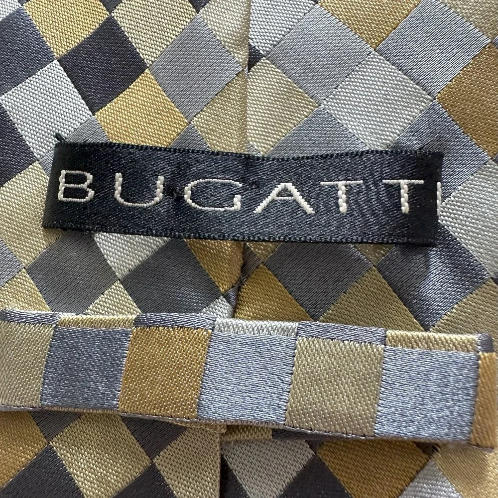 Bugatti Men's‎ Necktie 100% Silk Geometric Checkered Pattern Gray Gold
